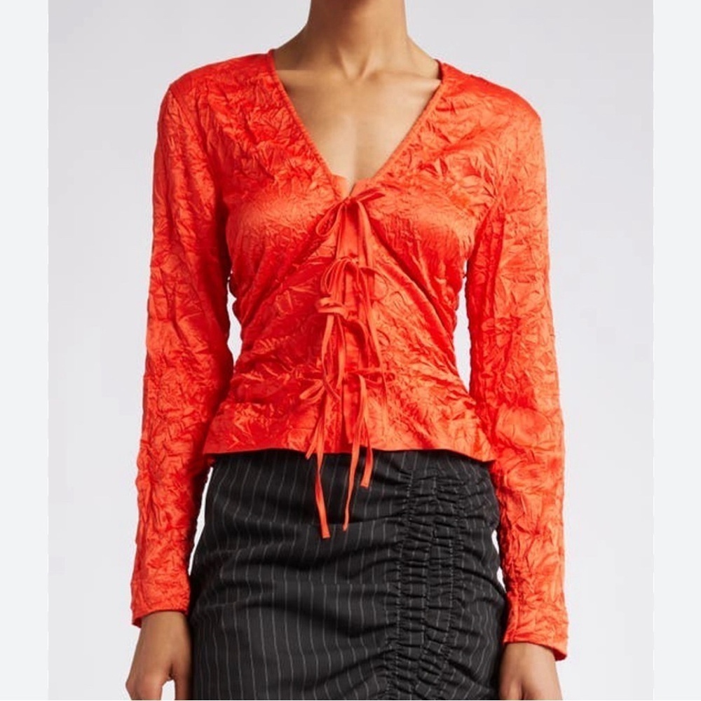 GANNI Red Crinkled Blouse In Grenadine Toe Front Size 38 / US 6 NWOT